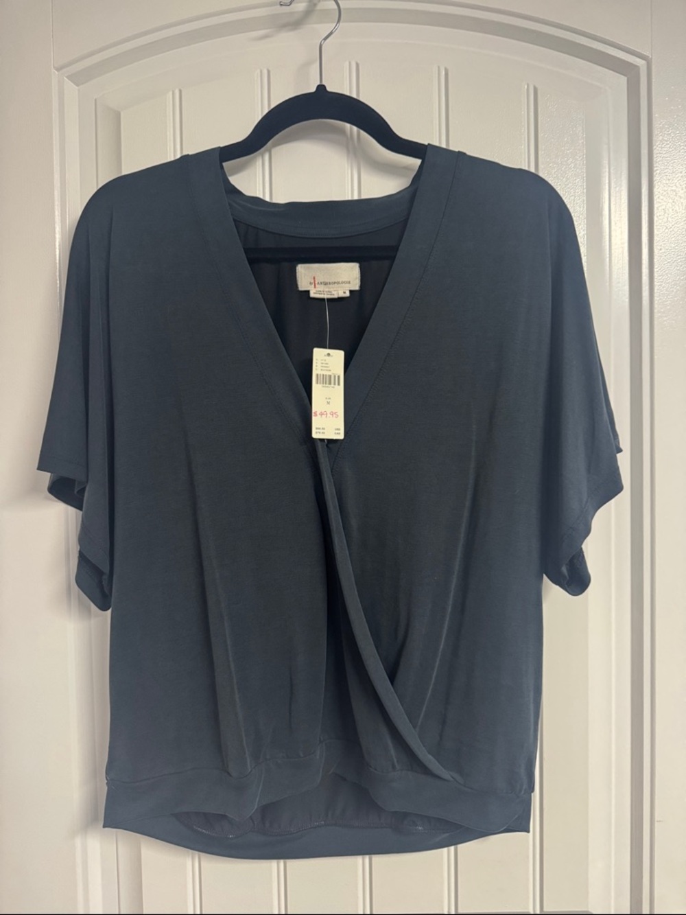Anthropologie Charcoal Gray Faux-Wrap Short Sleeve Blouse
